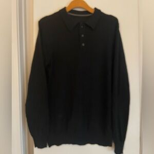 Black Polo Knit Lightweight Long Sleeve Sweater Linen/Merino Wool Blend Mens LG